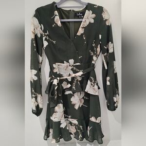 Lulu's Elegant Floral Long Semi Sheer Sleeve Dress - Forest Green and Cream